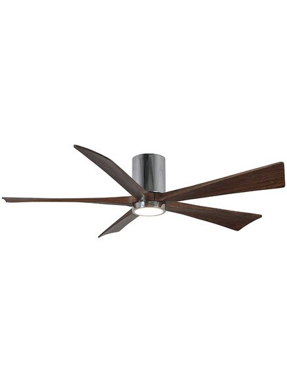Irene 60 inch 5-Blade Flush-Mount Ceiling Fan with Solid Wood Blades and Light Kit in Polished Chrome.
